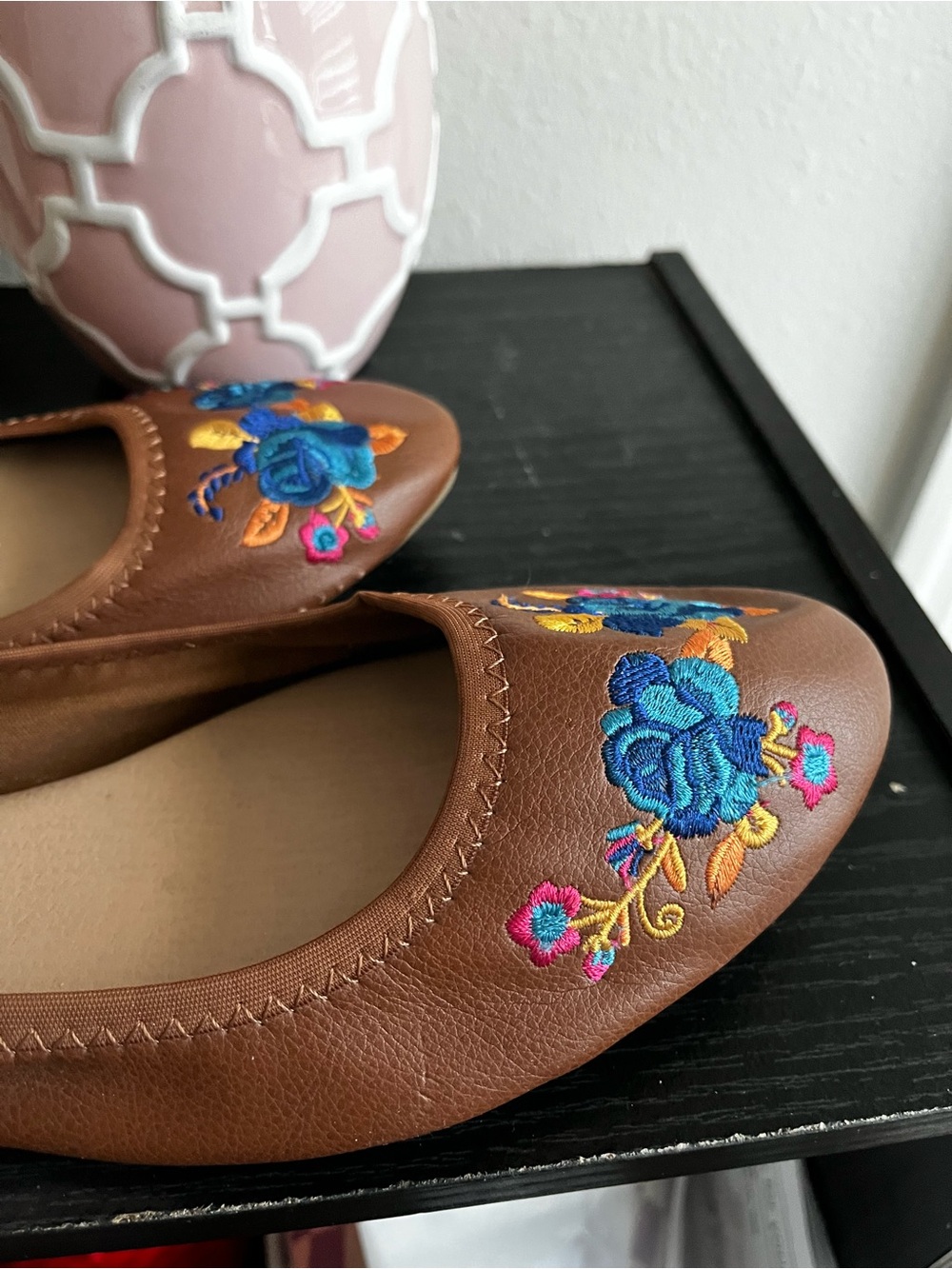 The Pioneer Woman Brown Ballet Flats with Blue & Pink Floral Embroidery